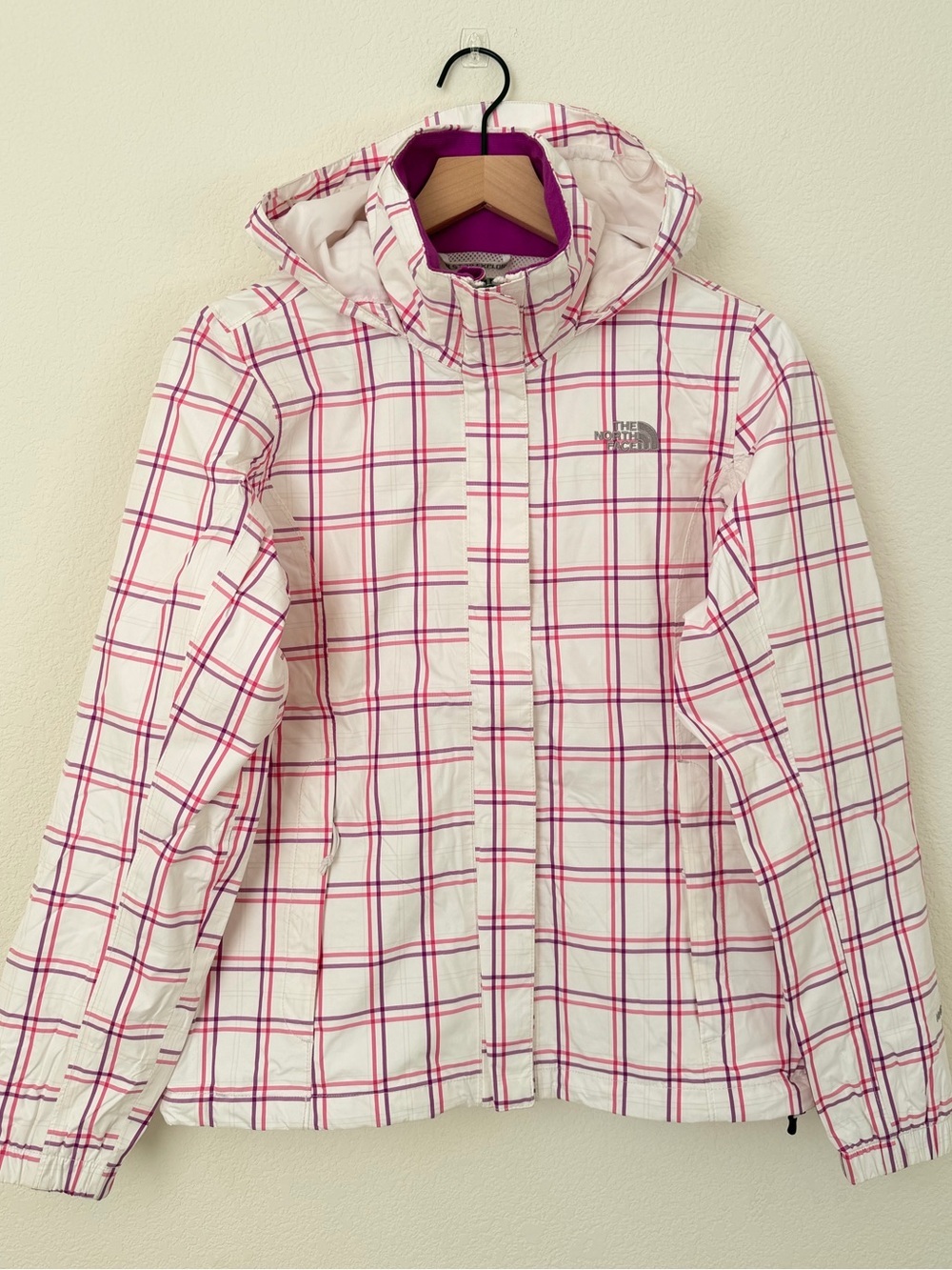 The North Face White Plaid Hooded Jacket with Pink and Gray Windowpane Size S